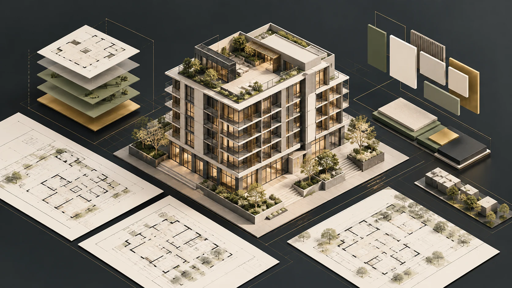 Concept illustration of an architectural model, coordinated drawings and template layers