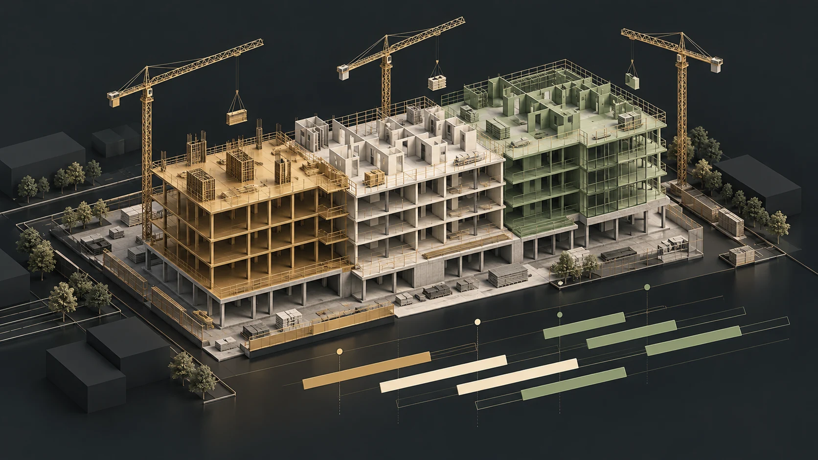 Concept illustration of construction zones, staged building works and a planning timeline