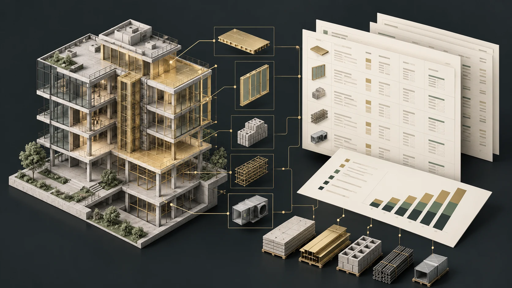Concept illustration connecting BIM model elements with cost classification and estimating data