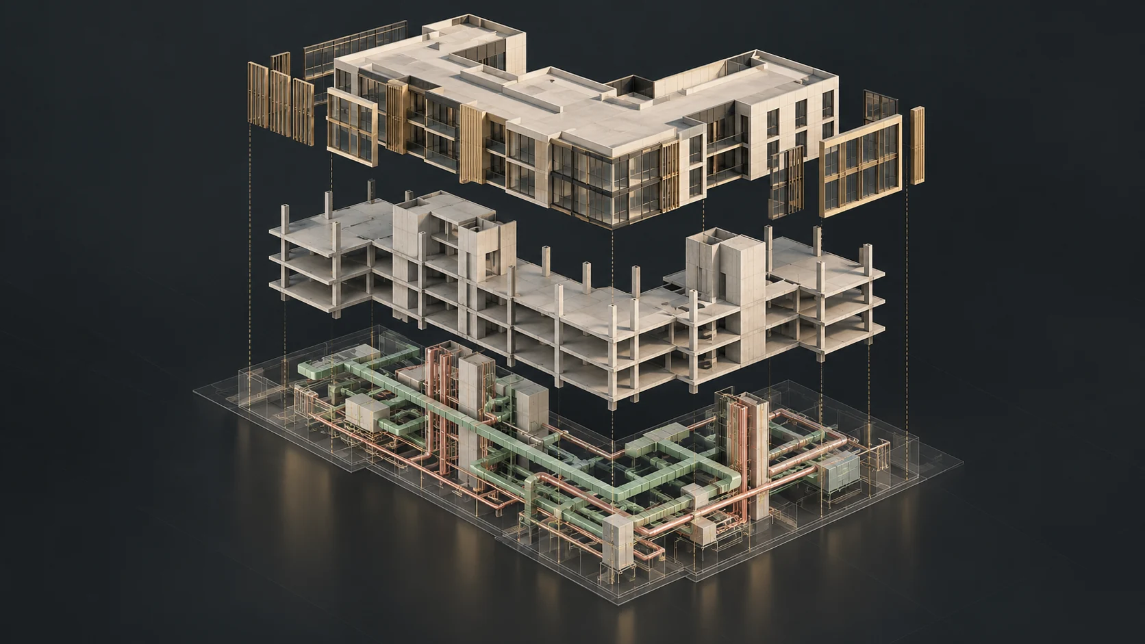 Concept illustration of coordinated architectural, structural and building services models