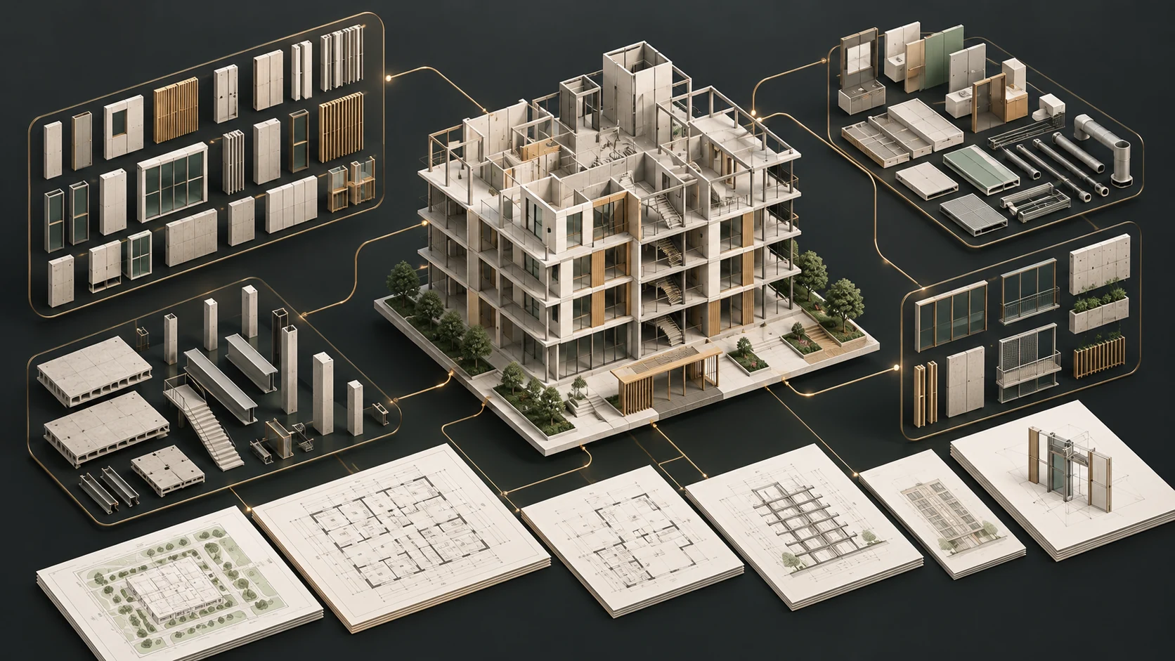 Concept illustration of a company BIM template linking a building model with standard components and drawings